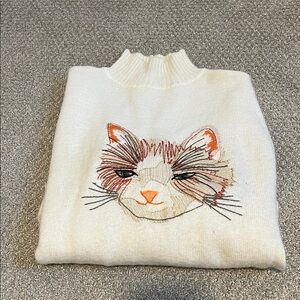 Moth Cream Cat Embroidered Turtleneck Sweater